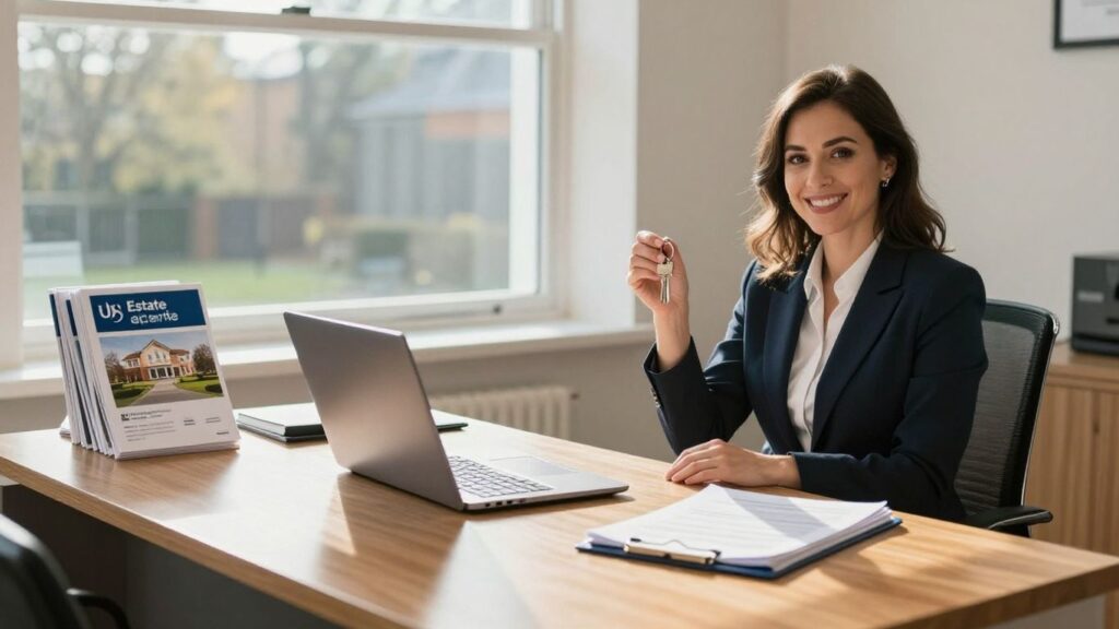 Estate agent holding keys in a UK office.