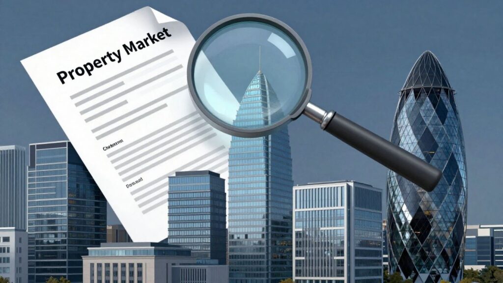 UK cityscape with legal documents and magnifying glass.
