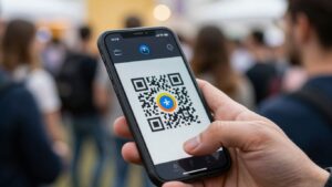Smartphone displaying QR code for event check-in.
