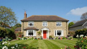 UK property exterior with garden and blue sky. Custom Real Estate Signs