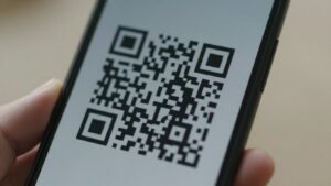 Smartphone displaying a QR code.