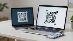 PDF to QR code conversion on a laptop.