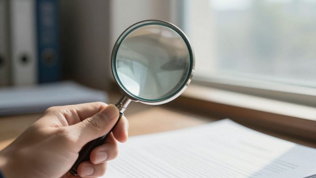 Magnifying glass inspecting a UK property license document.